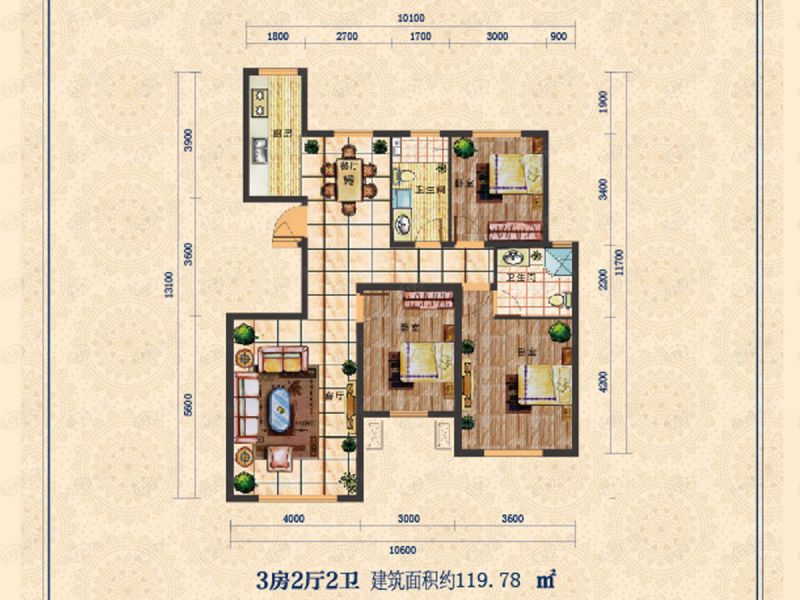 包頭裝修方案中城國際城三室兩廳兩衛119平方米