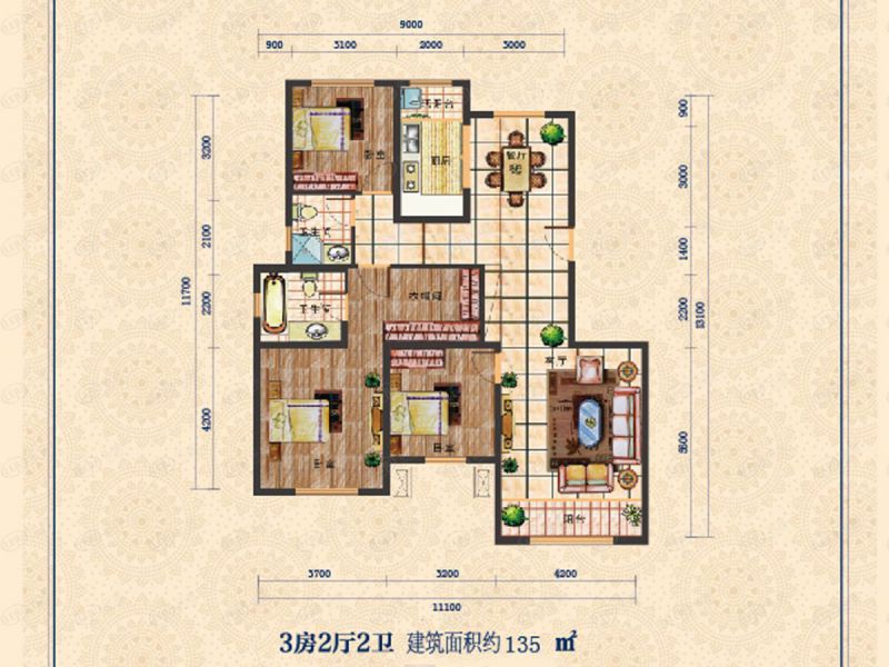 包頭裝修方案中城國際城三室兩廳兩衛135平方米